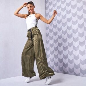 Adidas Women's Wide Leg Loose Fit Satin Cargo Pants Olive Green Joggers L